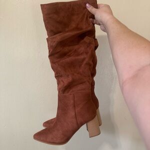 Brown/orange faux suede tall heeled boots